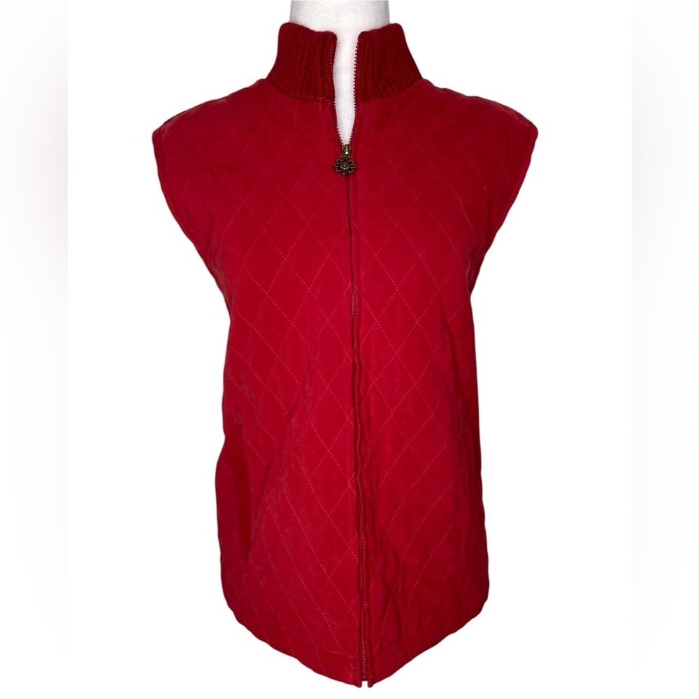 Alfred Dunner Cherry Red Quilted Vest Zip Up Pockets Casual Fall Winter Size 8
